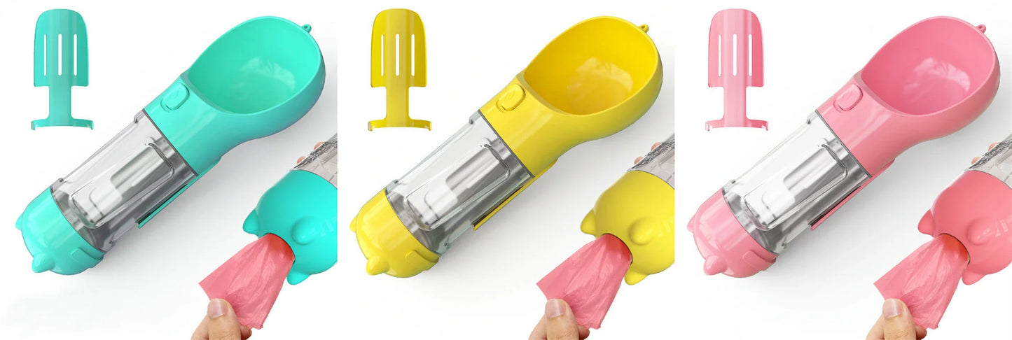 Multipurpose Pet Water Bottle with Feeding Bowl and Waste Bag Storage - Durable, Portable, and Convenient