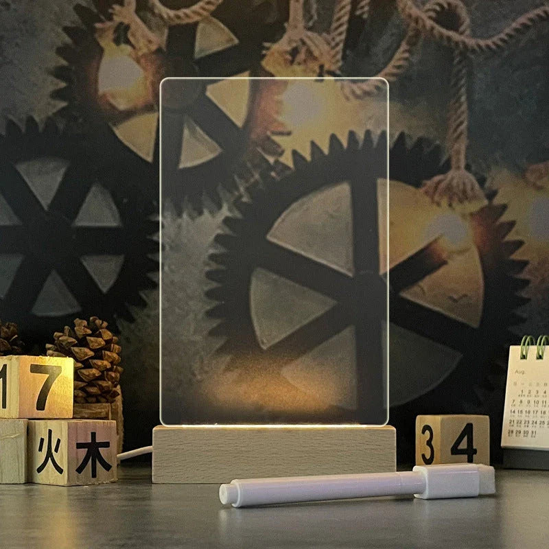 Customizable LED message board with warm lighting, acrylic design, and included erasable pen for personalized notes and artwork