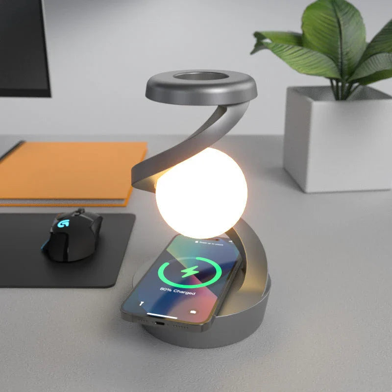 Stylish Rotating Moon Lamp with Wireless Phone Charging - Captivating Desk Accessory with Soothing Lighting and Convenient Wireless Charging