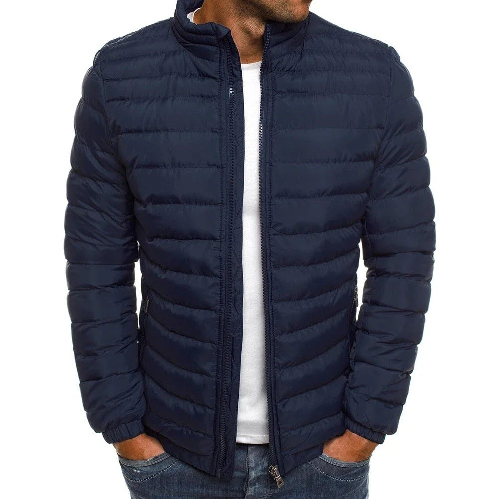 Men's insulated jacket in various solid colors with zipper closure, long sleeves, and pockets