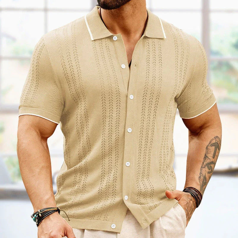 Short-sleeve polo shirt in various classic colors, featuring a unique flocking design and made from soft, breathable Tencel fabric