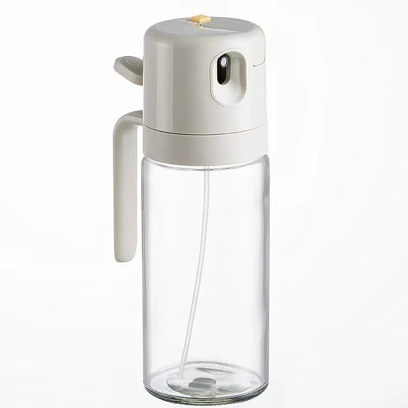 Versatile glass oil sprayer bottle with pouring and spraying modes, automatic opening, and heat-resistant construction