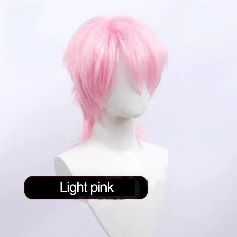 Short-length anime cosplay wig in high-temperature fibre on a stand.