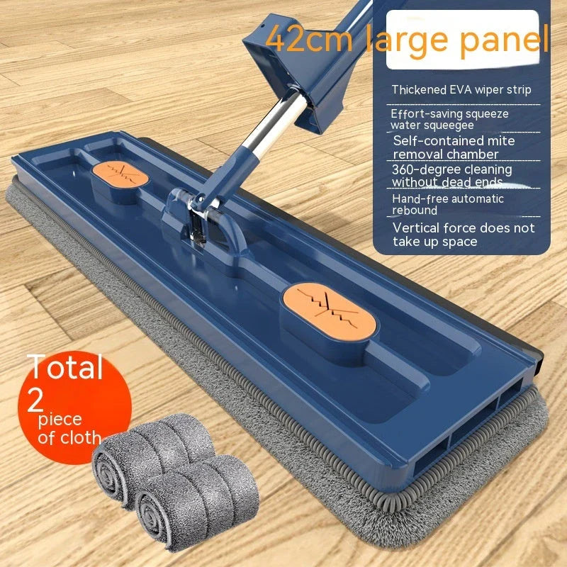 A premium 360° rotating flat mop with a stainless steel handle, suitable for cleaning various flooring types in homes.