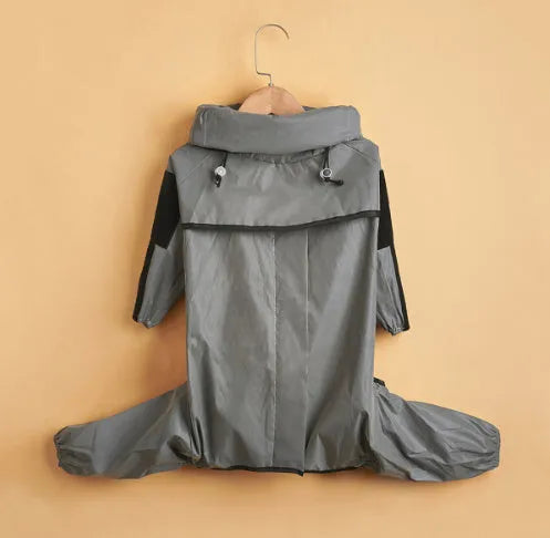 Waterproof polyester dog raincoat with reflective elements, available in sizes M to 5XL.