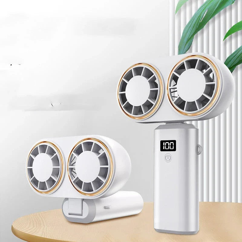 Portable USB-powered handheld fan with foldable design, adjustable speeds, and digital display