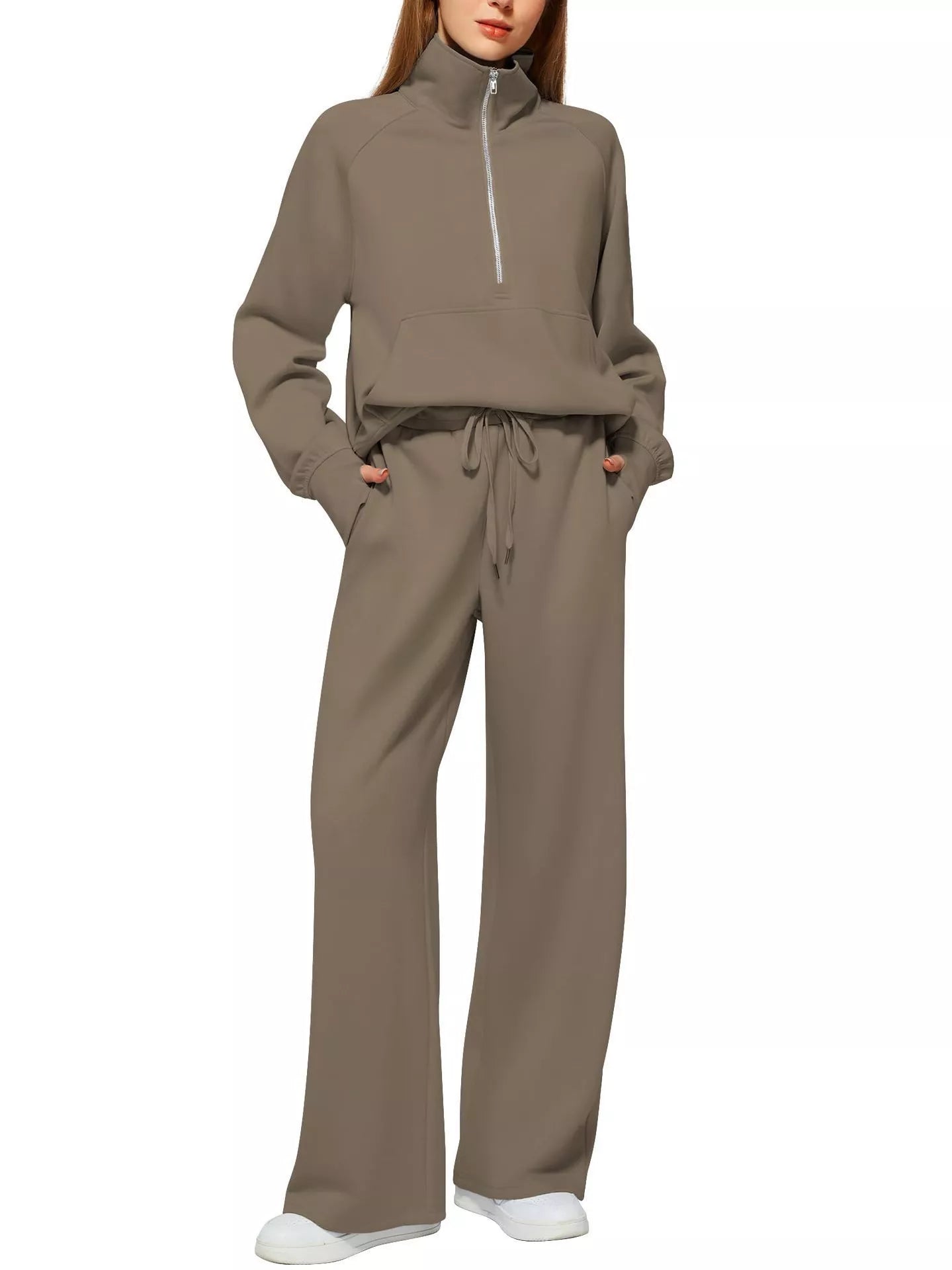 Women's solid colour long-sleeved sweater trousers suit in polyester, available in multiple colours and sizes.
