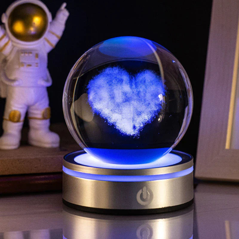 Luminous crystal ball with various celestial-inspired designs, including the Milky Way, Solar System, and Constellation.