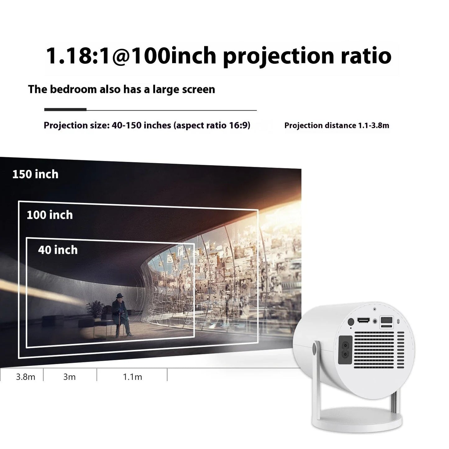 Portable home theater projector with 180-degree rotation, automatic focus, and wireless connectivity for an immersive viewing experience