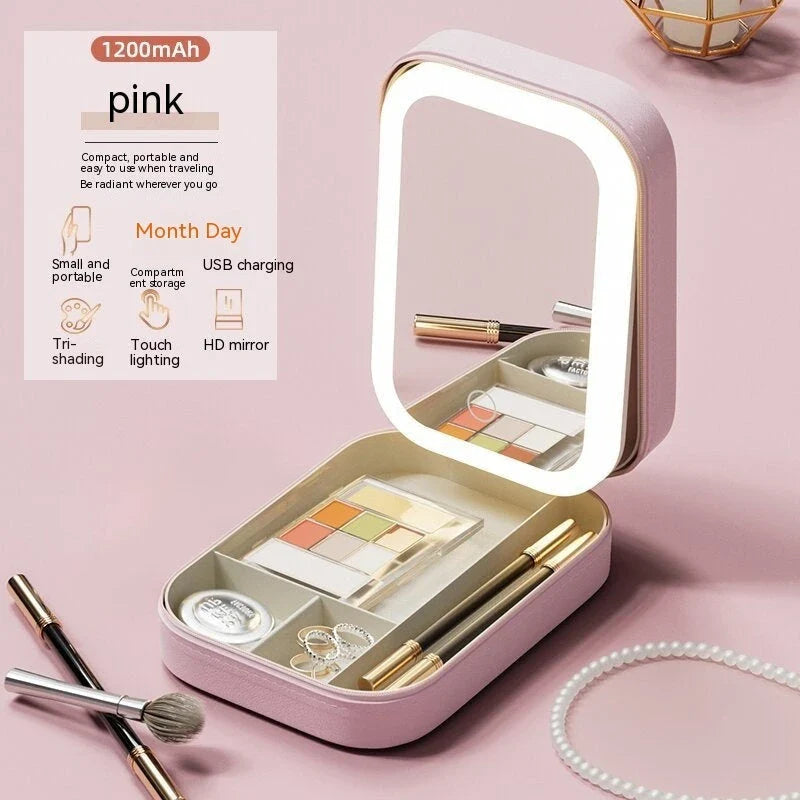 Elegant lighted makeup organizer with adjustable LED mirror, compact storage compartment, and touch-sensitive brightness control