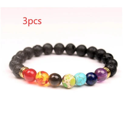 Handcrafted beaded bracelet with seven chakra-representing beads, designed to promote balance and well-being.