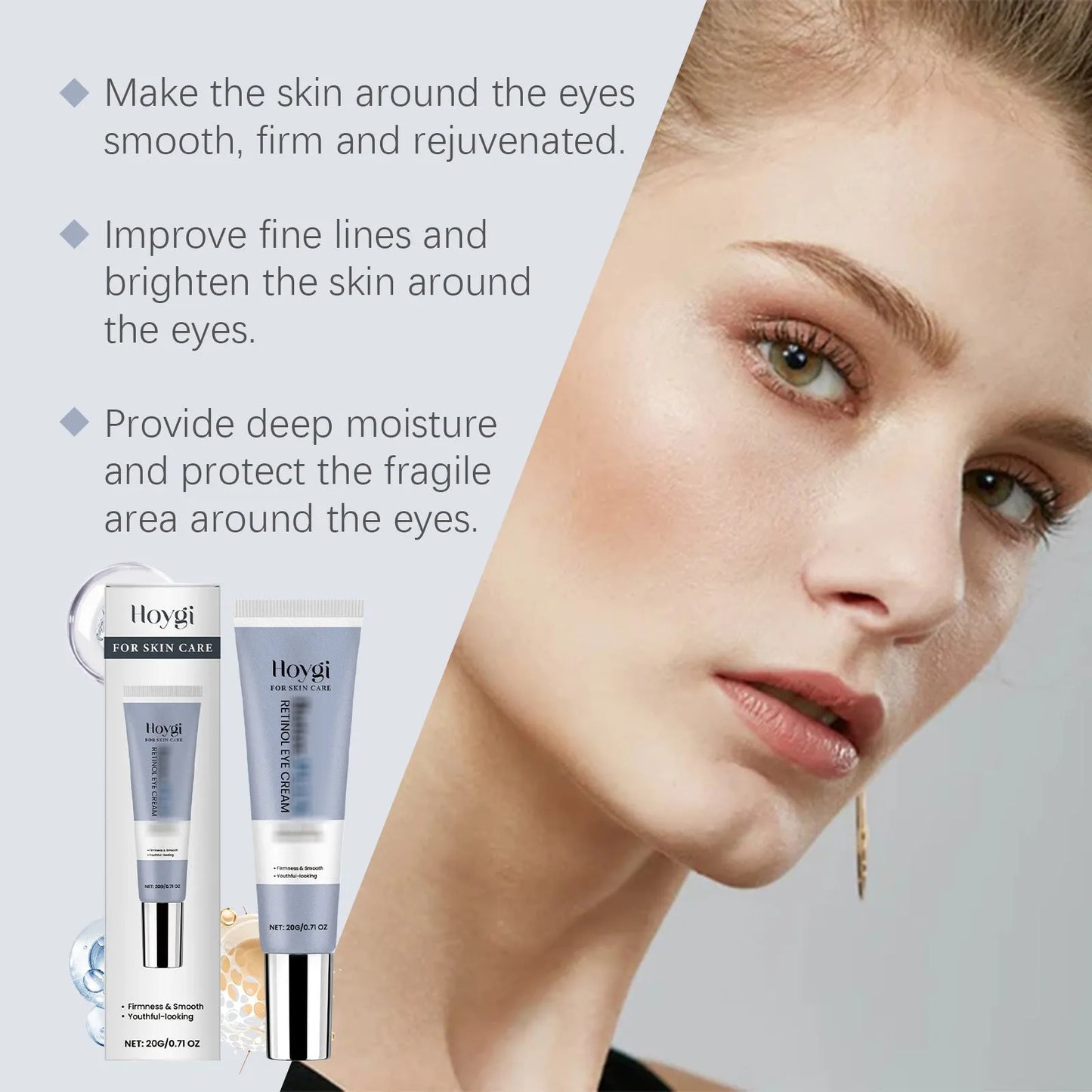 20g retinol eye cream tube measuring 3 x 12.1cm with soft texture formulation