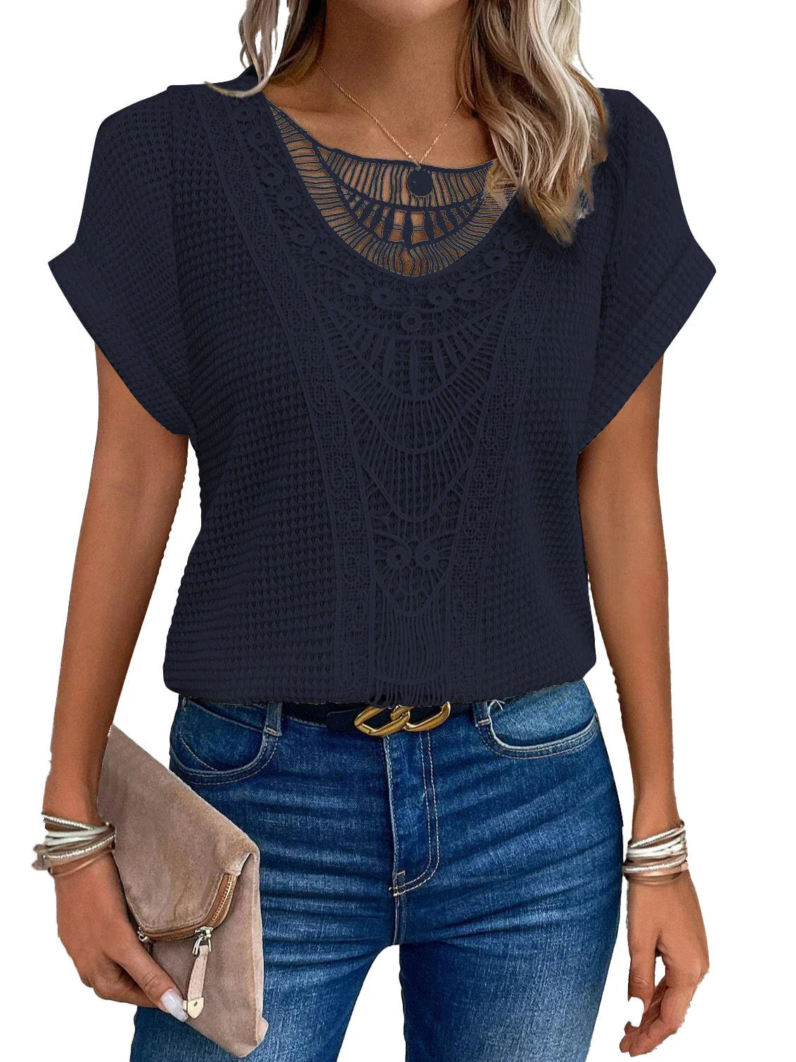 A stylish and comfortable short-sleeve t-shirt for women, featuring a unique hollowed-out design and breathable polyester fabric.