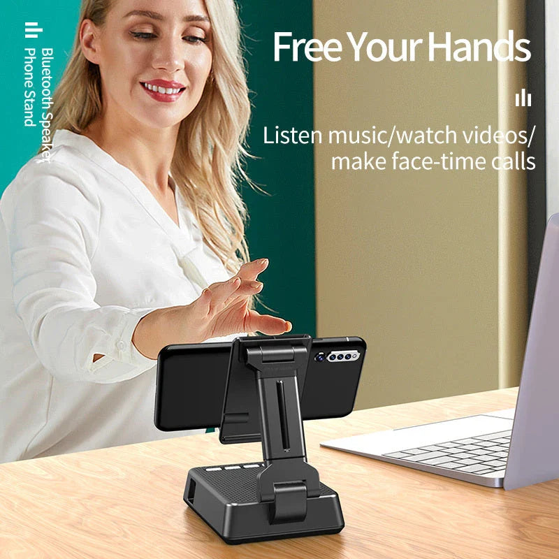 Hands-free mobile phone stand with Bluetooth speaker for remote work, video calls, and entertainment
