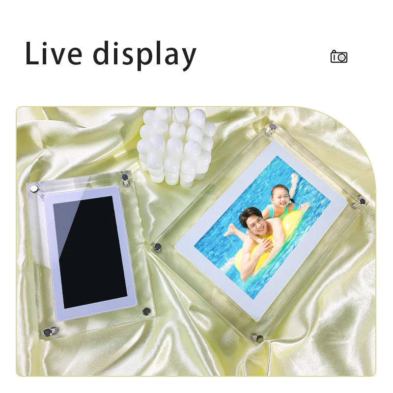 Stylish digital photo frame with high-resolution display, supports photo, video, and music playback