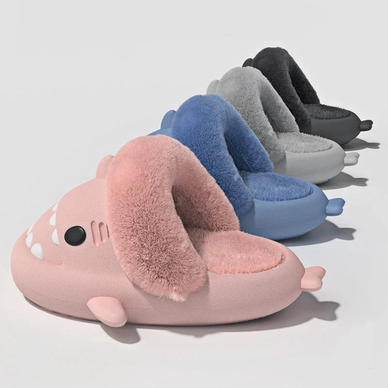 Cozy shark-inspired slippers with plush material and durable EVA soles for comfortable indoor and outdoor wear