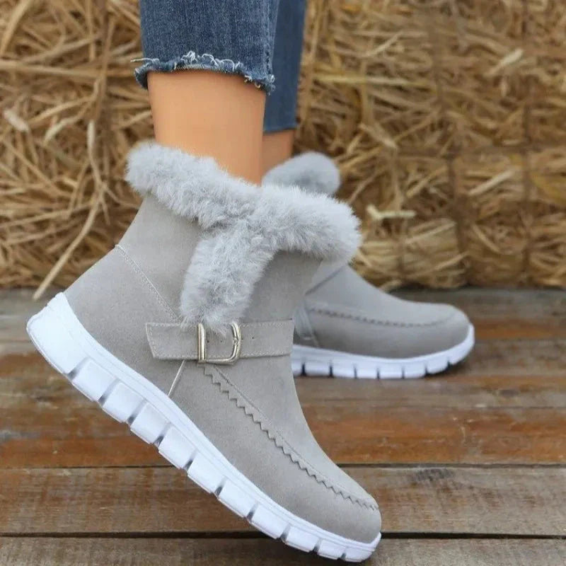 Plush ankle snow boots with buckle design and soft, warm lining for women in various color options