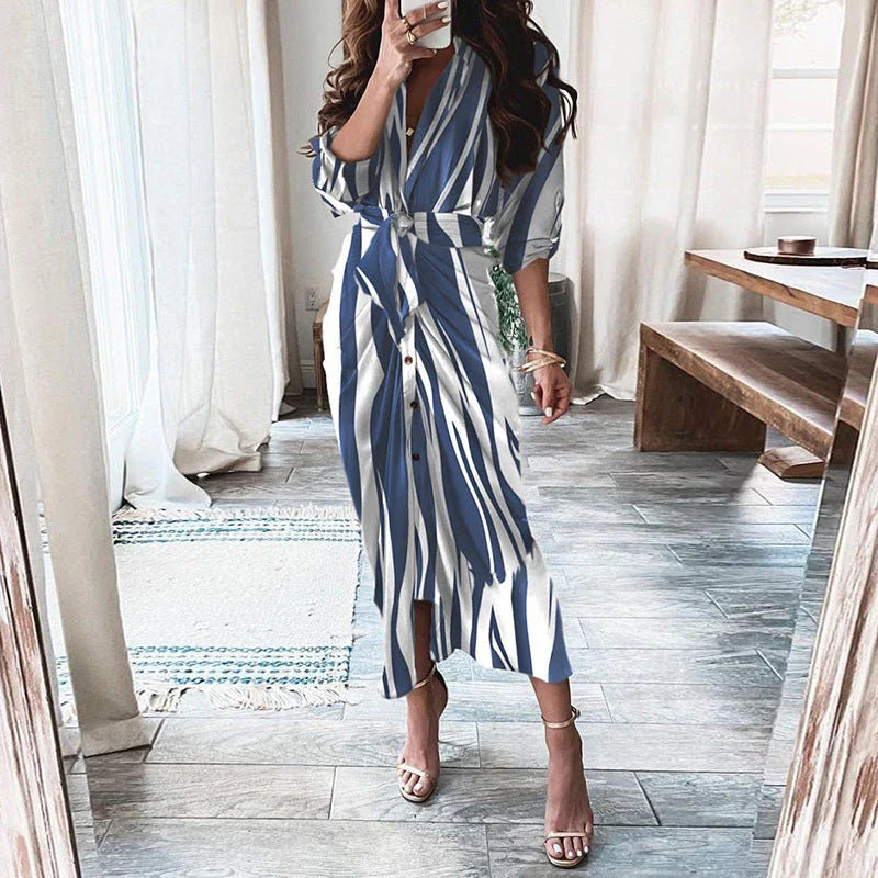 Elegant European and American printed maxi dress with long sleeves and lace-up detailing in various floral prints and colors
