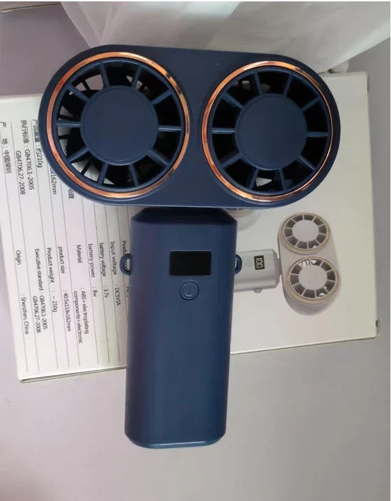 Portable USB-powered handheld fan with foldable design, adjustable speeds, and digital display
