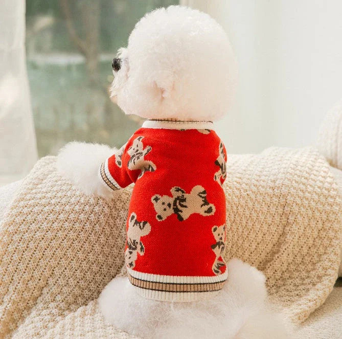 Cosy knitted pet jumper in classic British striped design, available in light blue, beige, and red colours