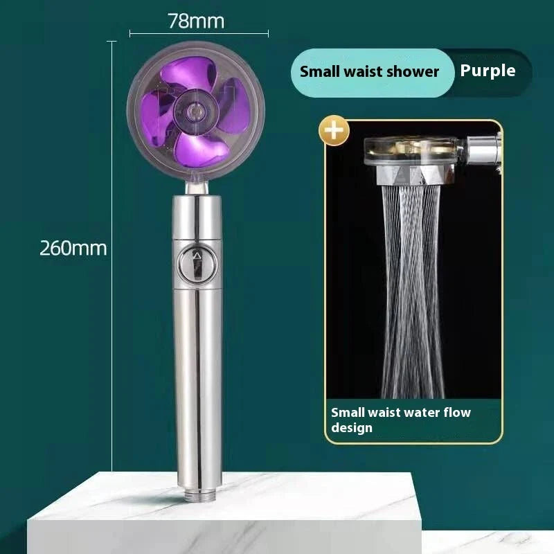 A high-pressure handheld shower head with a turbo-charged water flow and a cotton filter for a luxurious, spa-like bathing experience.