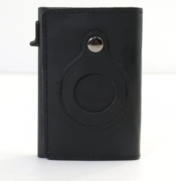 Premium leather wallet with built-in AirTag pocket and RFID blocking technology for secure everyday carry