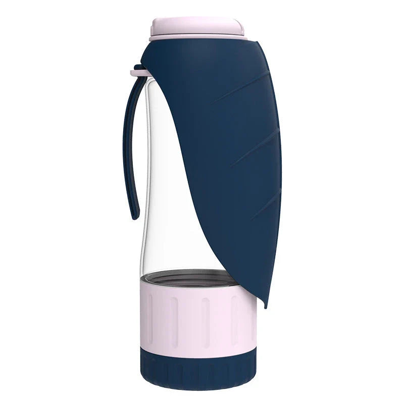 Multifunction pet water bottle with collapsible feeding bowl in green, grey, and blue colors for hydrating and feeding pets during travel and outdoor activities