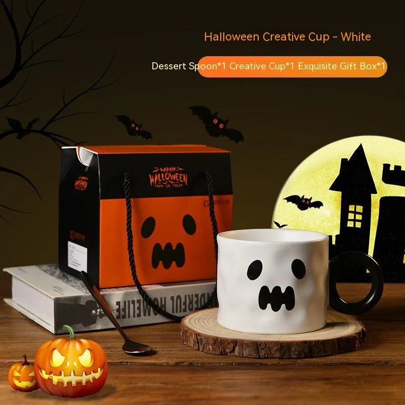 Festive pumpkin-themed ceramic mugs in orange and white colors, perfect for Halloween celebrations and enjoying hot or cold beverages