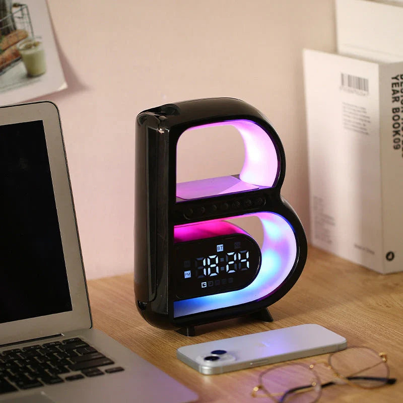 Multifunctional B-shaped Bluetooth speaker lamp with wireless charging, adjustable lighting, and alarm clock features