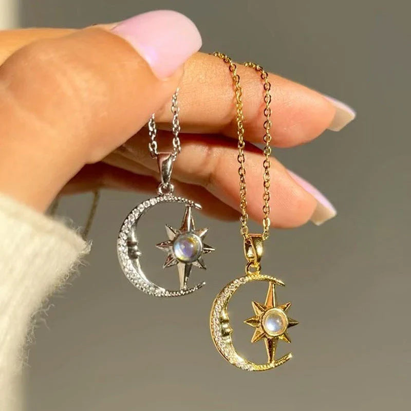 Stylish moon and star zircon pendant necklace with a dazzling celestial design and stainless steel construction