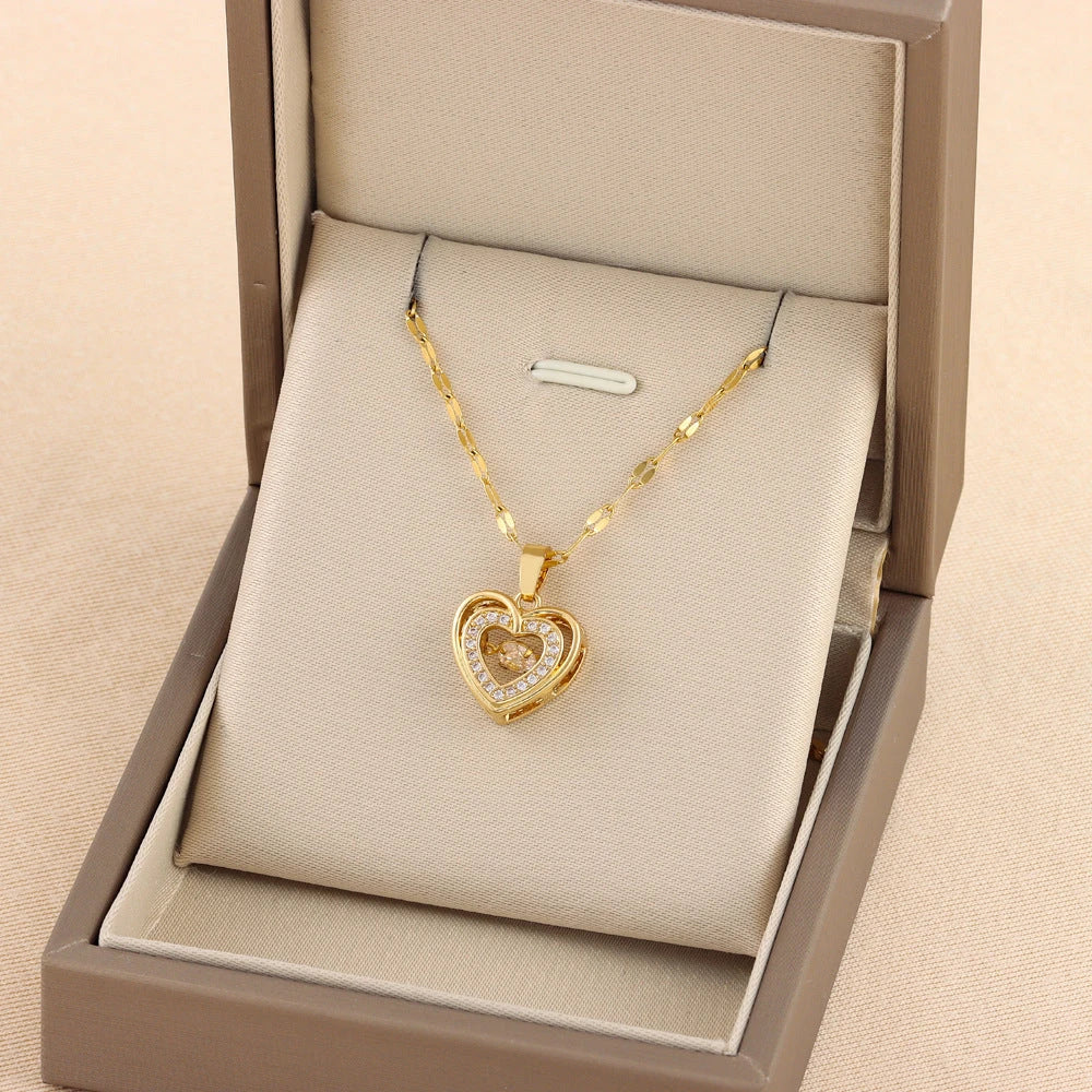 Double-layer love necklace with rhinestones and titanium steel pendant, a stylish and durable fashion accessory