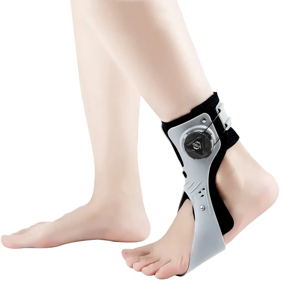 Grey and black ankle support brace with airbag button fixation system shown in multiple sizes