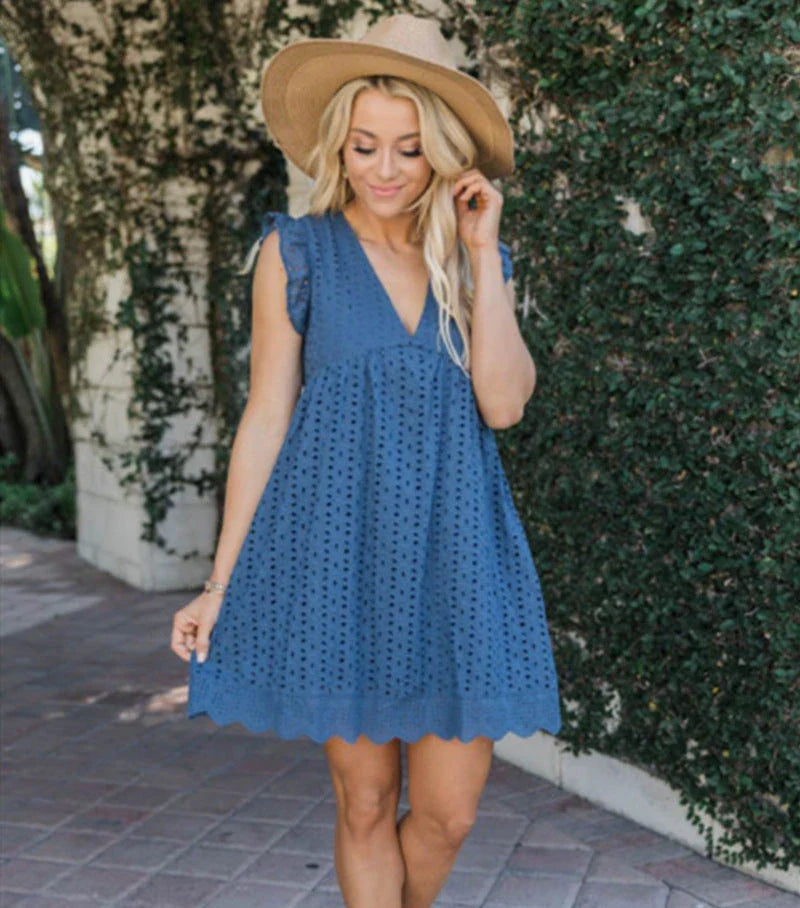 Stylish summer beach dress with lace accents, pockets, and a variety of vibrant color options