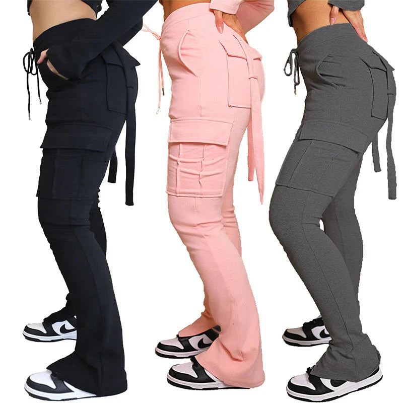 Versatile cargo pants for women with pockets, high-waist, drawstring, and wide-leg design in various colors and sizes