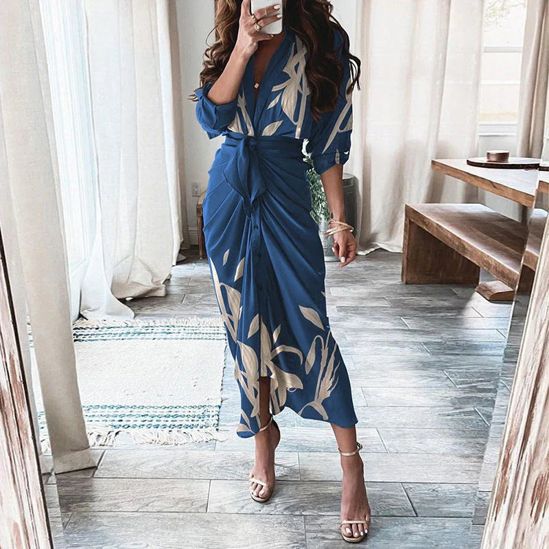 Elegant European and American printed maxi dress with long sleeves and lace-up detailing in various floral prints and colors
