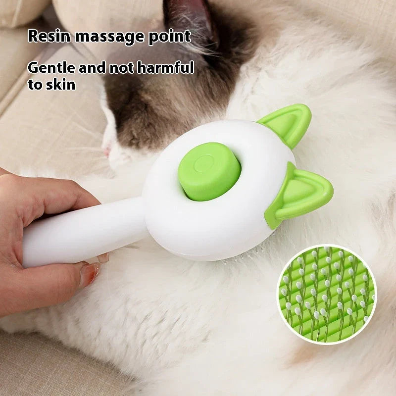 Dual-purpose pet grooming brush with self-cleaning design, available in greenish white and orange white colors