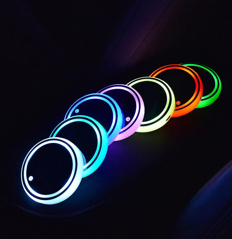 Stylish LED light-up car coaster with color-changing lights, USB and solar charging, and non-slip design
