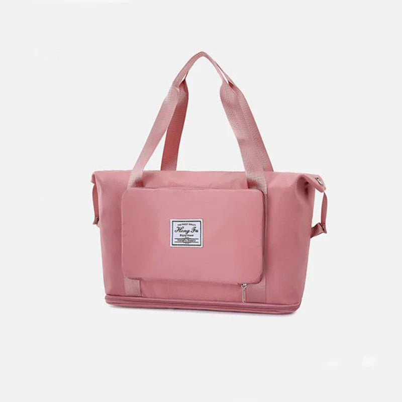Stylish and spacious foldable travel bag for women, featuring a water-resistant Oxford cloth construction, multiple pockets, and convenient carrying options.