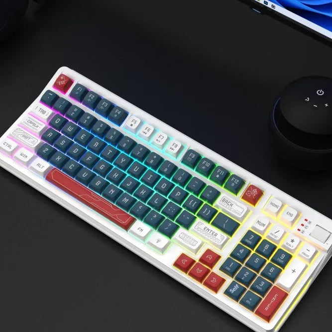 RGB illuminated plastic desktop keyboard with a long cable, shown in various colour options.