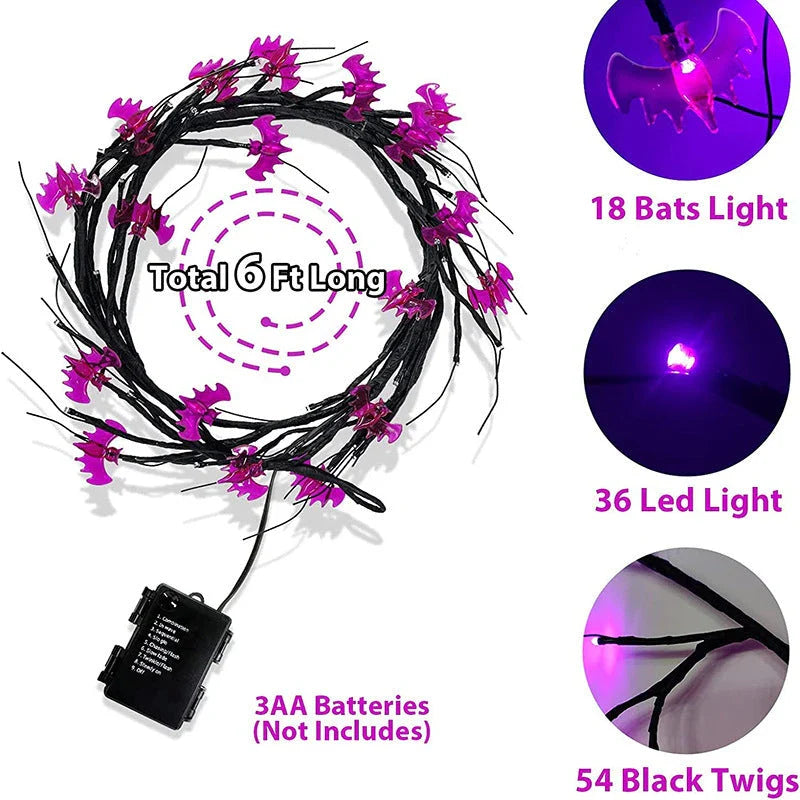 Enchanting Halloween vine lights with playful bat and pumpkin designs, creating a mesmerizing holiday display