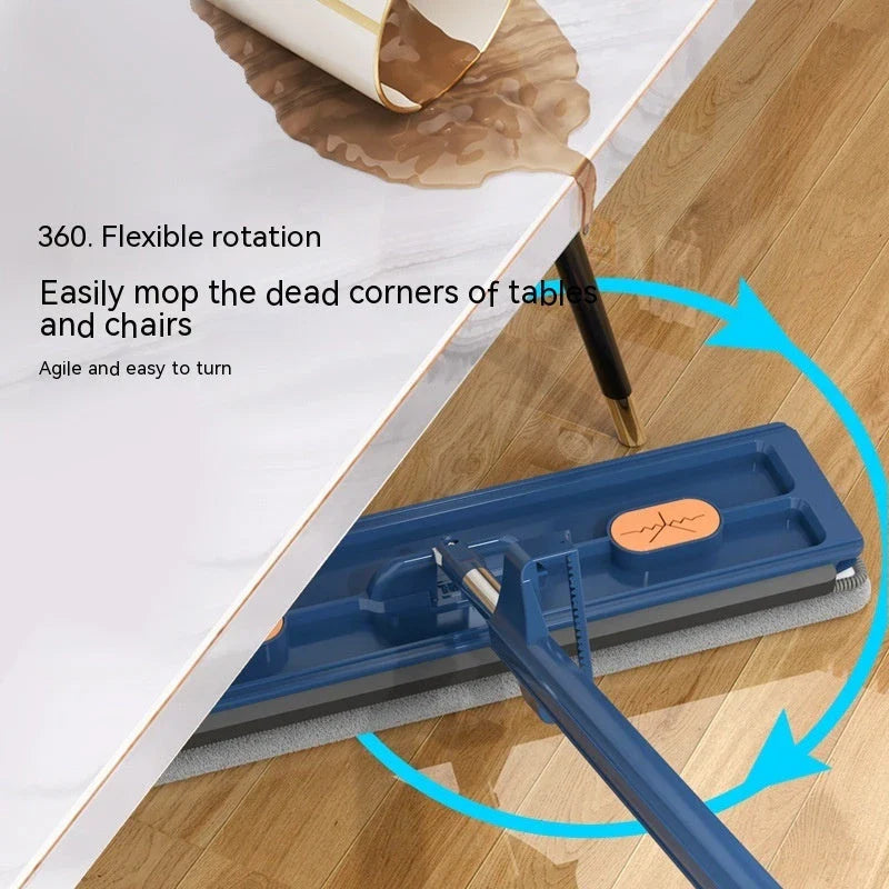 A premium 360° rotating flat mop with a stainless steel handle, suitable for cleaning various flooring types in homes.