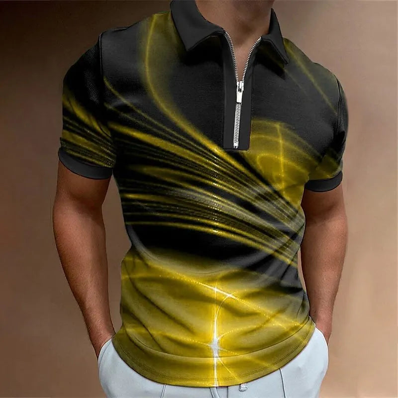 Men's blue short sleeve zip polo shirt with a loose fit, made from polyester bird eye cloth.