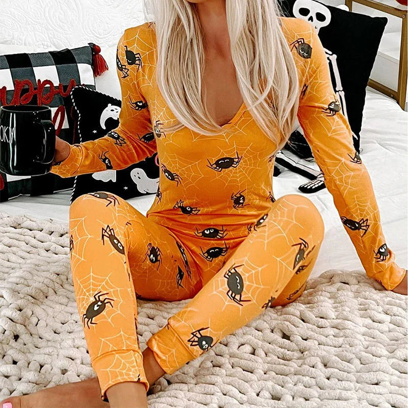 Cozy and stylish Halloween-themed pajama jumpsuit with long sleeves and a variety of color options