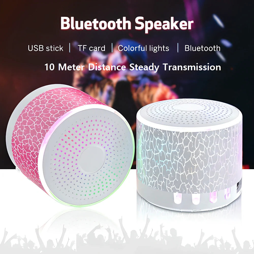 DancingLight™ Mini Bluetooth Speaker in blue and white colours, delivering premium audio quality with hands-free calling and USB playback features.