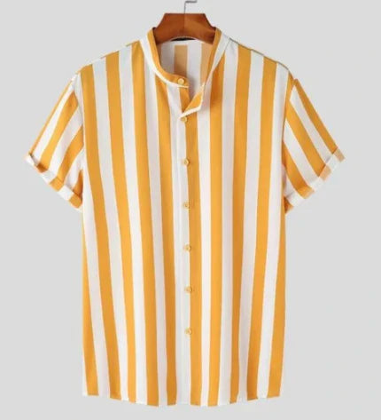 A stylish men's casual shirt with a stand collar and short sleeves, featuring a vibrant floral pattern and a slim-fit silhouette.