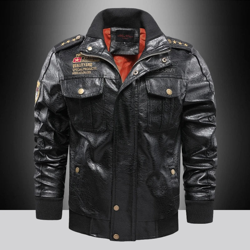 A stylish men's leather jacket with a stand collar, slim fit, and short length, offering premium quality and versatile wear.