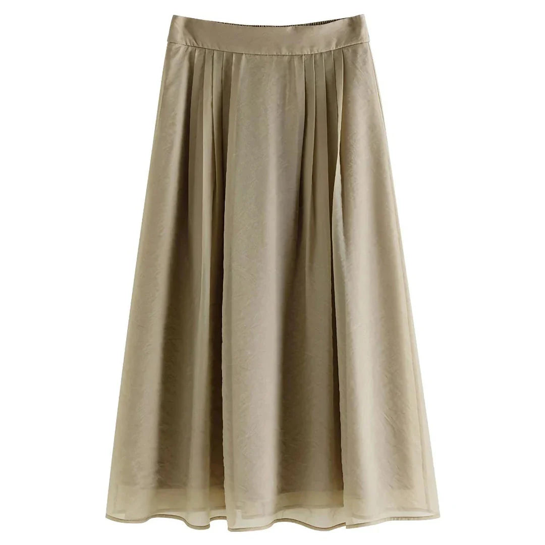 Elegant high-waist a-line midi skirt in a solid, vibrant colour for professional and social wear
