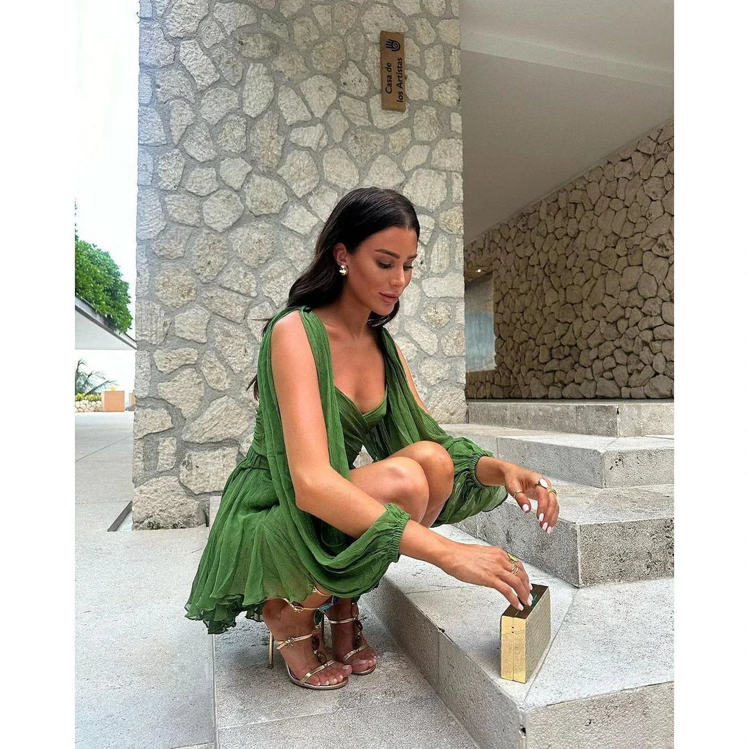 Elegant V-Neck Mini Dress with Lantern Sleeves and Lace-Up Back in Leopard Print