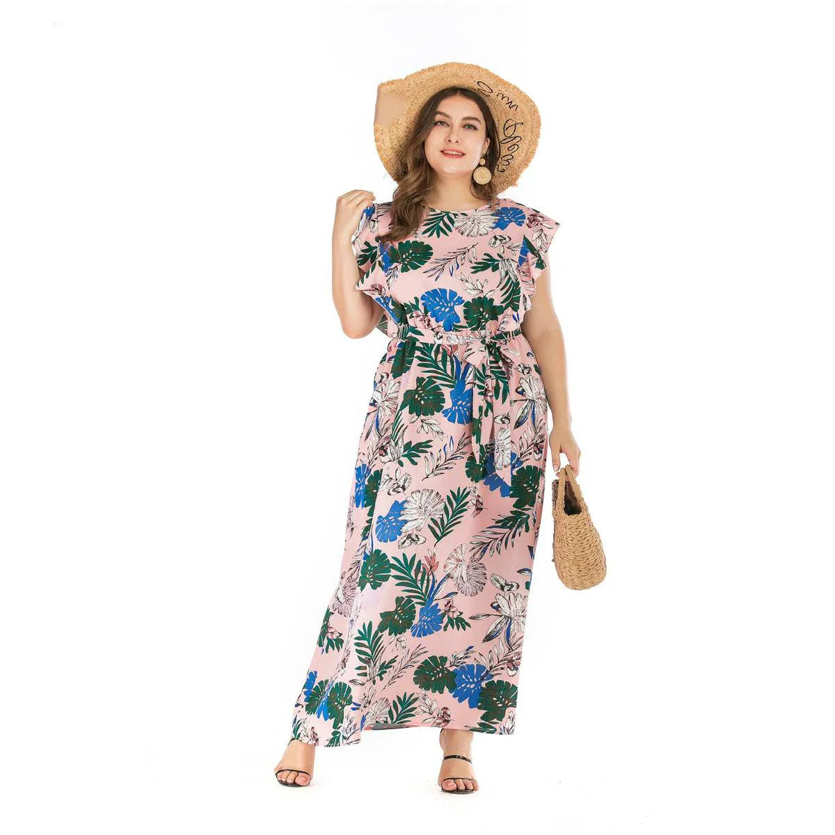 Bohemian-style summer dress in pink with an elastic waist and flowing swing skirt, available in plus sizes 3XL and 4XL