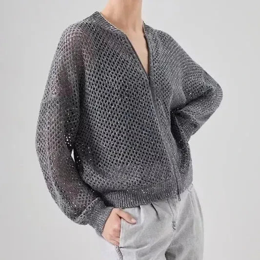 Elegant sequin-embellished linen blend knit top in dark grey colour, available in small, medium and large sizes